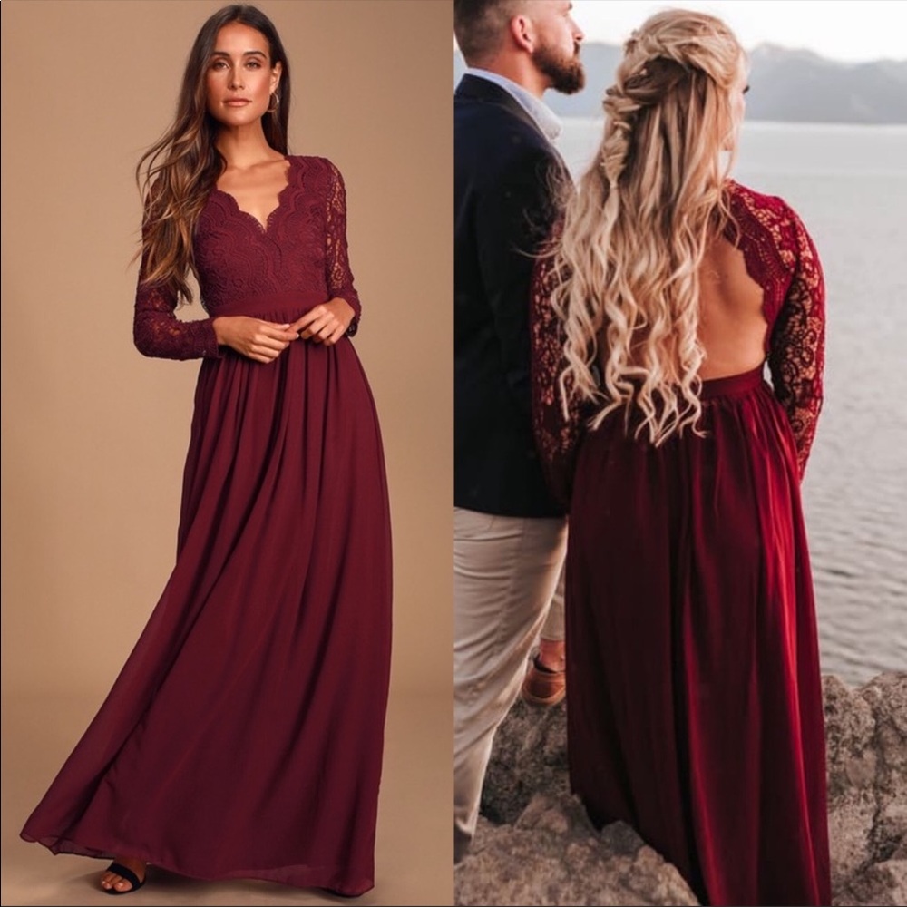 Lulu’s NWT Awaken My Love Red Burgundy - Lace Long Sleeve - Bridesmaid dress